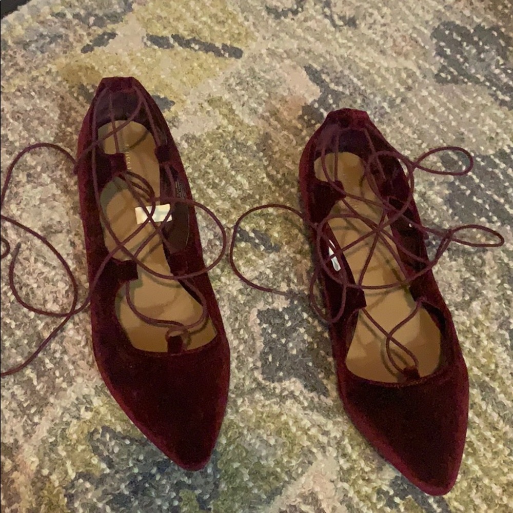 Burgundy Velvet Lace Up Flats
